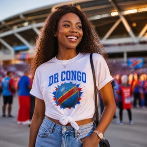 May include: A white t-shirt with the text "DR CONGO" in blue above a soccer ball design. The soccer ball is blue with red and yellow stripes. The shirt is tied at the waist and paired with blue jeans.