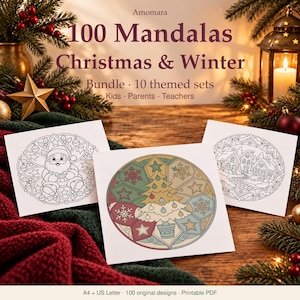 Könnte beinhalten: Ein digitales Paket mit dem Titel 100 Mandalas Christmas & Winter, das 10 Themen-Sets für Kinder, Eltern und Lehrer enthält. Das Bild zeigt drei weiße Karten mit schwarz-weißen oder farbigen Mandala-Illustrationen von einem Weihnachtsmann, einem Baum und einem Dorf.
