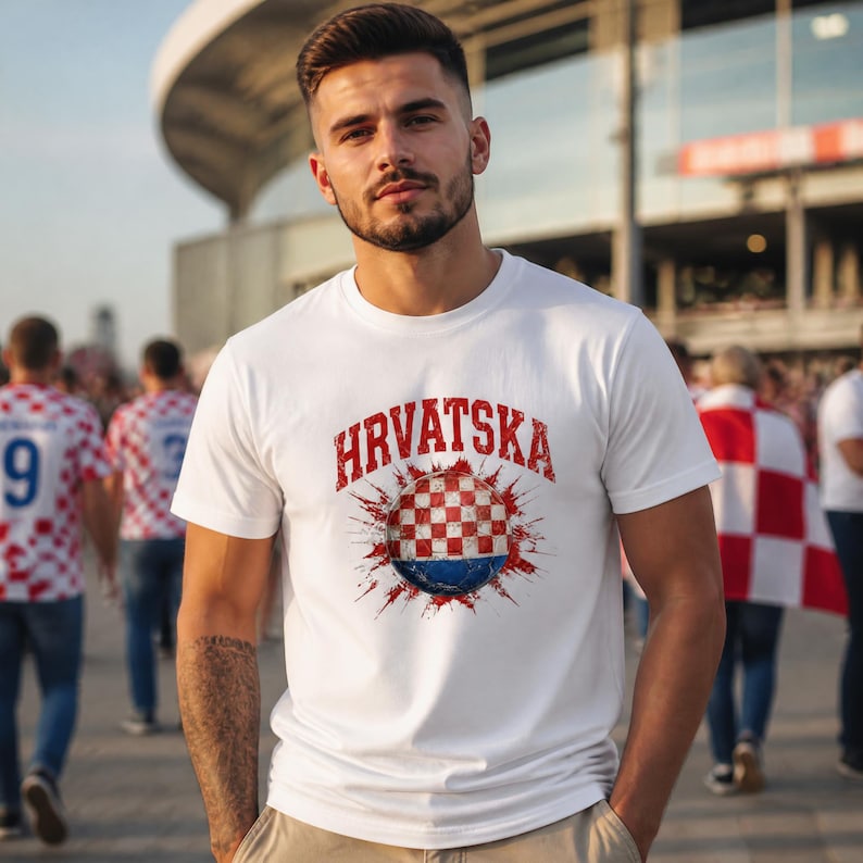 May include: White t-shirt with the word "HRVATSKA" in red, above a Croatian flag design. The design is a red and white checkered ball with red splatter effects. The shirt is worn by a person in an outdoor setting.