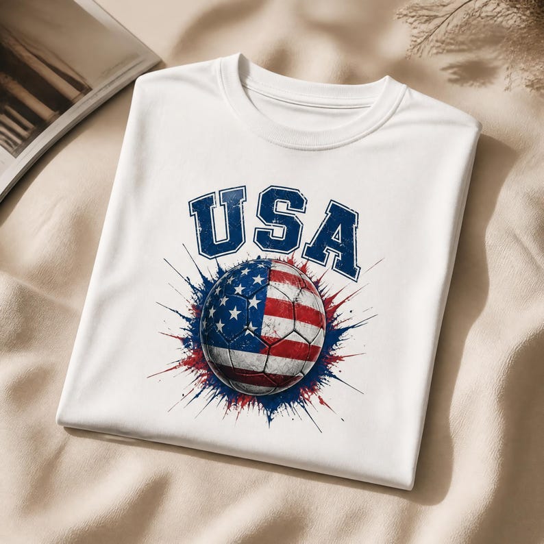 May include: White t-shirt featuring a soccer ball design with the American flag and the word "USA" in blue. The soccer ball is red, white, and blue, with a star pattern. The design has a distressed, vintage look.