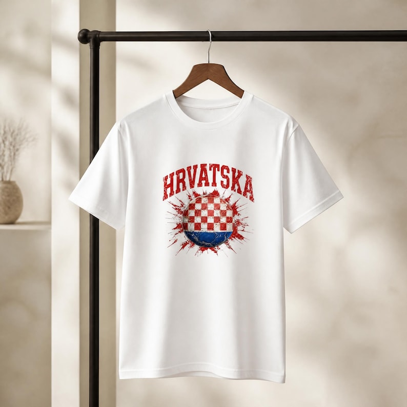 May include: White t-shirt with the word "HRVATSKA" in red, arched above a graphic. The graphic features a red and white checkered pattern, with a blue and red splash design. The t-shirt is hanging on a wooden hanger.