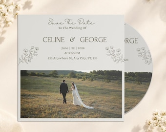Op de afbeelding: Een vierkante Save the Date trouwkaart met de tekst Save The Date To The Wedding Of CELINE & GEORGE June 22 2028 At 3:00 PM 123 Anywhere St, Any City, ST, 123, lijntekeningen van bloemen en een foto van een koppel in een veld.