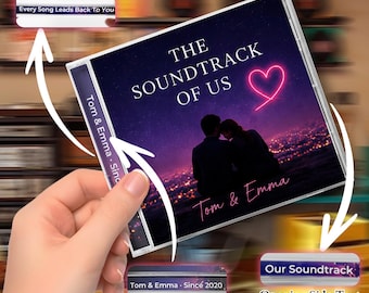 Op de afbeelding: Een doorzichtig plastic cd-doosje met een aangepaste hoes met het silhouet van een koppel tegen een sterrenhemel, een neonroze hart en de tekst THE SOUNDTRACK OF US en Tom & Emma. Het doosje toont optionele tekstopties voor de zijkant.