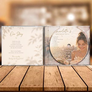Puede incluir: Un estuche de CD abierto sobre una superficie de madera. El lado izquierdo tiene el texto "Our Story". El lado derecho muestra un CD con el texto "Charlotte's Birthday Hits" y una foto de una mujer sosteniendo un pastel con velas.