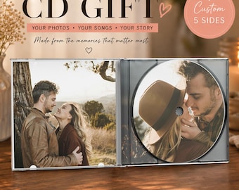 May include: A custom CD gift case featuring a photograph of a couple on the left panel and a printed disc showing the same couple on the right. The text reads FULLY CUSTOM CD GIFT, YOUR PHOTOS, YOUR SONGS, YOUR STORY, and Custom 5 SIDES.