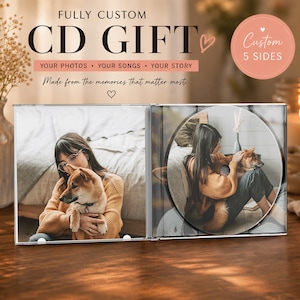 May include: A clear CD case with a custom CD gift. The case is open, showing a photo of a person with a dog. The CD has a photo of a person with a dog. Text on the case reads "FULLY CUSTOM CD GIFT".