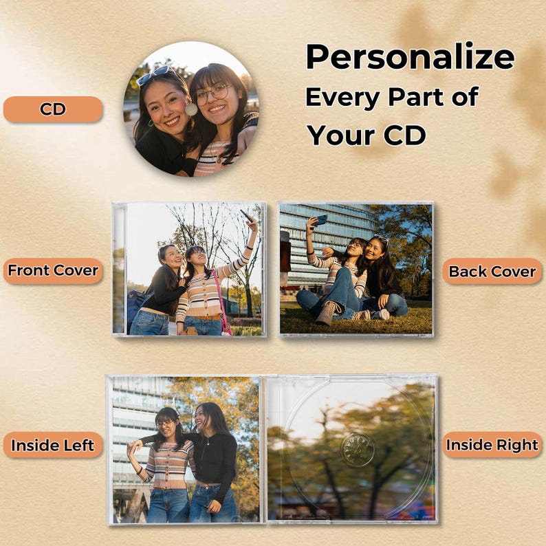 May include: A customizable CD case featuring a circular photo insert, a front cover with a photo of two people, a back cover with a photo of two people, and an open case showing an inside left photo and an empty inside right disc tray.