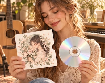 Op de afbeelding: Een vierkante kartonnen cd-hoes met een delicate aquarelillustratie van een persoon die een boeket roze en witte bloemen vasthoudt, gecombineerd met een ronde, reflecterende, iriserende compact disc die apart in de andere hand wordt gehouden.