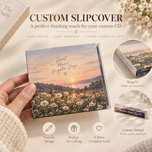 Może przedstawiać: Niestandardowa okładka na płytę CD z krajobrazem zachodzącego słońca, polem stokrotek i napisem Good Music Brighter Days. Okładka jest kwadratowa, dobrze dopasowana, z nadrukiem na przedniej części, grzbiecie oraz tylnej stronie.