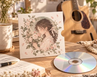 Op de afbeelding: Een vierkant cd-doosje met een illustratie van een persoon met lang bruin haar die een boeket roze en witte bloemen vasthoudt, omringd door een bloemenkrans. Een zilveren cd ligt op een houten oppervlak naast het doosje.