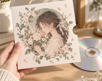 Op de afbeelding: Een vierkant cd-hoesje met een illustratie in zachte tinten van een persoon met lang donker haar vastgebonden met een lint, die een boeket roze en witte bloemen vasthoudt, omlijst door een cirkelvormige krans van groene bladeren en bloemen.