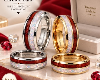 Anillo de plata y oro con banda de tungsteno, ópalo blanco de fuego de 8 mm y madera carbonizada de barril de whisky.