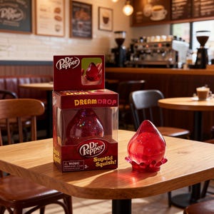 Könnte beinhalten: Ein rotes, tropfenförmiges "Dream Drop" Spielzeug mit Glitzer im Inneren, präsentiert in der Originalverpackung. Die Verpackung zeigt das Dr. Pepper Logo und die Worte "Dream Drop" und "Suptid Squish!". Das Spielzeug steht auf einem Holztisch in einem Café.