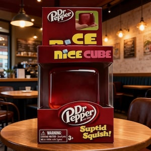 May include: A Dr. Pepper "Nice Cube" squishy toy in a red box with yellow and white text. The box features the Dr. Pepper logo and a clear plastic window showing the dark red cube. The box reads "Suptid Squish!"