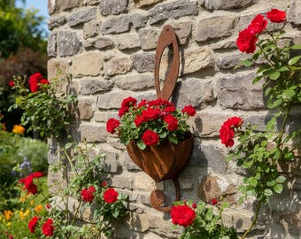 Vaso da parete rustico a forma di cuore con chiave di violino - Vaso da fiori sospeso in metallo effetto invecchiato con note musicali per giardino, regalo per amanti della musica