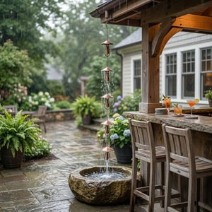 May include: A copper rain chain with a series of inverted cone-shaped cups, directing water into a stone basin. The outdoor scene includes a wooden bar with stools, potted plants, and a lush garden setting. The rain chain is suspended from a wooden structure.