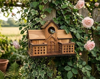 Comedero para pájaros de madera con varias habitaciones, estación de alimentación rústica para pájaros, decoración de jardín artesanal para aves silvestres.
