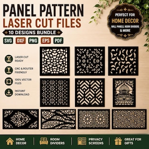 May include: A collection of laser-cut panel patterns in black, featuring various geometric and floral designs. The image includes text that reads "Panel Pattern Laser Cut Files" and "10 Designs Bundle". The designs are suitable for home decor, room dividers, and privacy screens.
