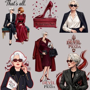 Puede incluir: Ilustración con personajes y elementos de "El diablo viste de Prada". Se representan figuras de moda con atuendos elegantes, un tacón rojo y el título de la película. La obra tiene un estilo artístico y elegante.