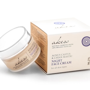 May include: A jar of Akeso Night Face Cream and its box. The cream is in a clear glass jar with a white lid. The box is white with brown sides and features the product name and ingredients.