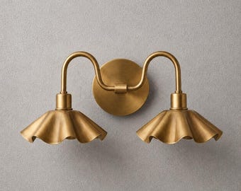 Brass Double Wall Sconce, Wavy Metal Shade Wall Lamp, Raw Brass Finish Farmhouse Bathroom Vanity Lighting