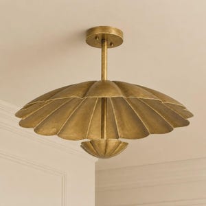 Brass Scalloped Pendant Light, Mid Century Ceiling Light, Vintage Brass Chandelier, Handmade Dining Room Fixture
