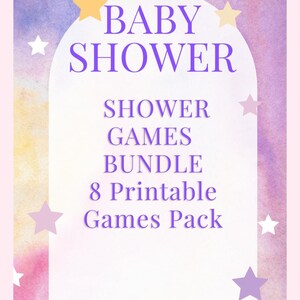 Può includere: Annuncio di un pacchetto di giochi per baby shower con un morbido sfondo acquerello rosa, viola e blu. Il testo "BABY SHOWER" è in alto, seguito da "SHOWER GAMES BUNDLE 8 Printable Games Pack."