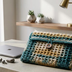 May include: A handmade crochet laptop sleeve in teal, yellow, and cream colors. The sleeve features a waffle stitch pattern and a wooden button closure. A silver laptop and wireless earbuds are also visible.