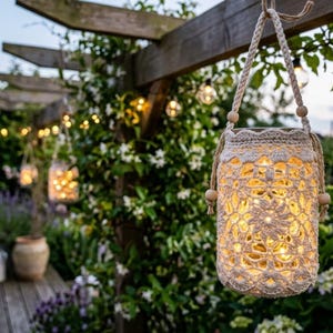 Op de afbeelding: Een cilindervormige glazen pot in een crèmekleurige gehaakte hoes met bloemmotief, voorzien van een gevlochten handvat met houten kralen en warmwitte kerstverlichting aan de binnenkant, hangend aan een houten pergola in de buitenlucht.