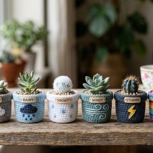 Puede incluir: Una colección de pequeñas macetas de ganchillo, cada una con una suculenta. Las macetas son de varios colores y presentan diseños temáticos del clima, como un sol, una nube y un arcoíris. Cada maceta tiene una pequeña etiqueta de madera con una palabra meteorológica.