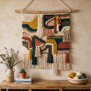 Könnte beinhalten: Ein großer, strukturierter Wandbehang mit einem Holzdübel. Das Kunstwerk weist eine Vielzahl von Farben auf, darunter Creme, Senfgelb, Türkis und Rost. Es hat ein gewebtes Design mit Quasten und geflochtenen Elementen, wodurch ein einzigartiges, abstraktes Muster entsteht.
