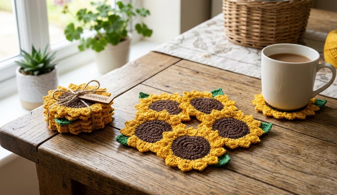 Crochet Sunflower Coaster Pattern PDF, Beginner Flower Coaster Set, Mug ...