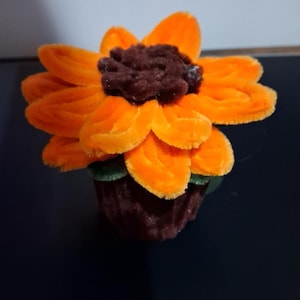 Peut inclure: Une sculpture de fleur artisanale faite de cure-pipes orange duveteux avec un centre texturé brun foncé. La fleur repose sur une base cylindrique brun foncé ressemblant à un petit pot, avec des accents verts visibles sous les pétales.