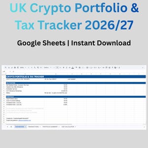 Könnte beinhalten: Eine digitale Tabelle mit dem Titel "UK Crypto Portfolio & Tax Tracker 2026/27" in Google Sheets. Der Text ist in Blau und Weiß gehalten, darunter steht "Google Sheets | Instant Download". Die Tabelle zeigt Finanzdaten.