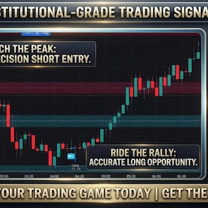May include: A digital financial trading chart displaying red and teal candlestick patterns on a dark background. Text overlays include INSTITUTIONAL-GRADE TRADING SIGNALS, CATCH THE PEAK: PRECISION SHORT ENTRY, RIDE THE RALLY: ACCURATE LONG OPPORTUNITY, and UPGRADE YOUR TRADING GAME TODAY | GET THE INDICATOR.