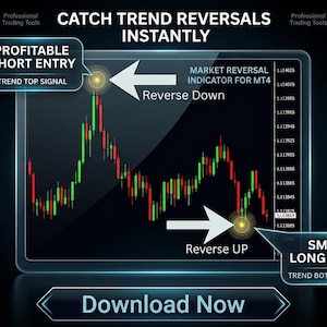 May include: A digital trading chart display featuring red and green candlestick patterns on a black background. Text includes CATCH TREND REVERSALS INSTANTLY, PROFITABLE SHORT ENTRY, SMART LONG ENTRY, and a Download Now button with various feature icons.