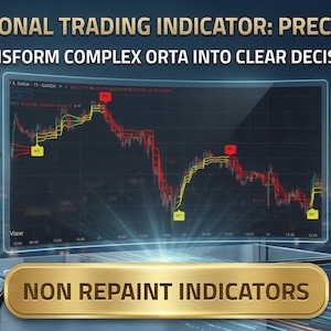 May include: A digital display showing a professional trading indicator titled Precision Pro. The screen features a red and yellow line graph with text reading Confirmed Entry Signals, Precise Exit Signals, and Non Repaint Indicators.