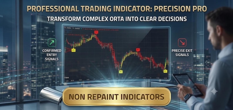 May include: A digital display showing a professional trading indicator titled Precision Pro. The screen features a red and yellow line graph with text reading Confirmed Entry Signals, Precise Exit Signals, and Non Repaint Indicators.