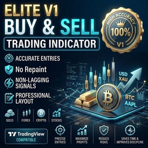May include: A digital graphic advertising a trading indicator. The image features the text "ELITE V1 BUY & SELL TRADING INDICATOR." Icons highlight accurate entries and non-lagging signals. Gold bars, a crypto coin, and stock charts are also displayed, alongside the TradingView logo.