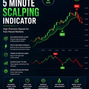 May include: A dark-themed infographic titled 5 Minute Scalping Indicator featuring a candlestick chart with buy and sell signals, a secondary line graph, and text detailing features like accurate entry and exit, trend filters, and market compatibility.