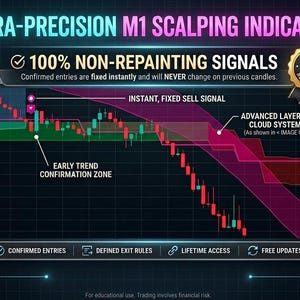 Może przedstawiać: Cyfrowy wykres handlowy zatytułowany Ultra-Precision M1 Scalping Indicator przedstawiający trend spadkowy z czerwonymi i zielonymi świecami, zaawansowany system chmurowy oraz etykiety dla natychmiastowych stałych sygnałów sprzedaży i stref trendu.