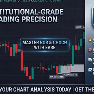 May include: A digital trading chart display featuring red and green candlesticks, labeled with text including INSTITUTIONAL-GRADE TRADING PRECISION, MASTER BOS & CHOCH WITH EASE, and ELITE LAB, alongside a list of features like automatic structure mapping.