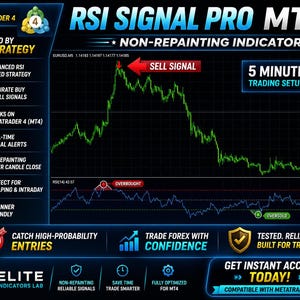 May include: A digital graphic for RSI Signal Pro MT4 trading software. It features a green line chart on a black background, labeled Sell Signal, Overbought, and Oversold. Text includes Made for Metatrader 4, 5 Minute Trading Setup, and Elite Indicators Lab.