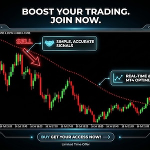 May include: A digital trading chart interface displaying red and green candlestick patterns with a downward trend line. Text includes BOOST YOUR TRADING. JOIN NOW., SELL, SIMPLE, ACCURATE SIGNALS, REAL-TIME & MT4 OPTIMIZED, and BUY GET YOUR ACCESS NOW!.
