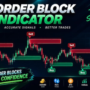 May include: A digital trading chart display titled ORDER BLOCK INDICATOR with green and red candlestick patterns. The graphic features text including SMART ENTRY, ACCURATE SIGNALS, BETTER TRADES, and IDENTIFY ORDER BLOCKS TRADE WITH CONFIDENCE.