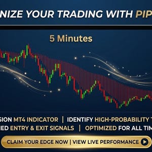 May include: A digital display showing a financial trading chart with red and green candlesticks, labeled with text including REVOLUTIONIZE YOUR TRADING WITH PIPSIGNAL PRO, 5 Minutes, Sell, Take Profit, and META4 COMPATIBLE on a dark blue background.