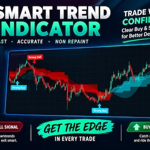 Può includere: Un grafico di trading digitale intitolato SMART TREND INDICATOR con il testo TRADE WITH CONFIDENCE, Clear Buy & Sell Signals for Better Decisions, FAST, ACCURATE, NON REPAINT, GET THE EDGE IN EVERY TRADE, SELL SIGNAL, BUY SIGNAL.