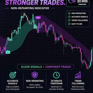 Puede incluir: Un gráfico de trading digital con el texto RELIABLE SIGNALS. STRONGER TRADES. NON-REPAINTING INDICATOR. Muestra patrones de velas con etiquetas de compra y venta, un marco temporal de 30 MIN y características como señales precisas, seguimiento de tendencias y sin repintado.