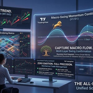 Op de afbeelding: Een digitaal handelsdashboard met meerdere schermen die financiële grafieken tonen, met de tekst "DOMINATE THE TREND," "Quantum Scalping Matrix," "Macro-Swing Momentum Continuum," "CAPTURE MACRO FLOW," en "ZERO EMOTION. FULL PRECISION."