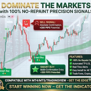 Puede incluir: Un gráfico de trading financiero que muestra patrones de velas rojas y verdes con texto superpuesto que incluye DOMINATE THE MARKETS, SELL SIGNAL, SMART BUY y una lista de características como 100% No-Repaint Guaranteed y Real-Time Alerts.